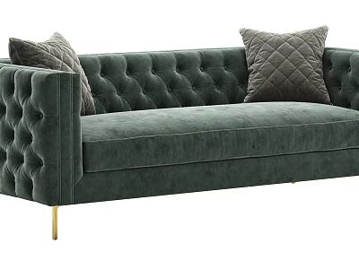 Dark Green Velvet Tufted Sectional Sofa With Decorative Pillows And Gold Legs 3d model