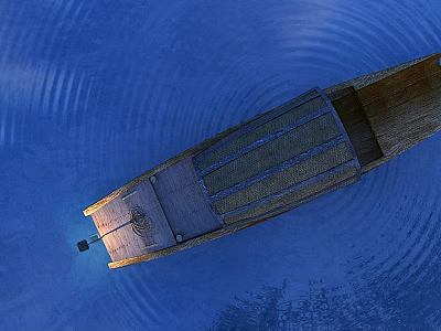 Top View Of Traditional Wooden Boat Floating On Blue Water With Ripples 3d model