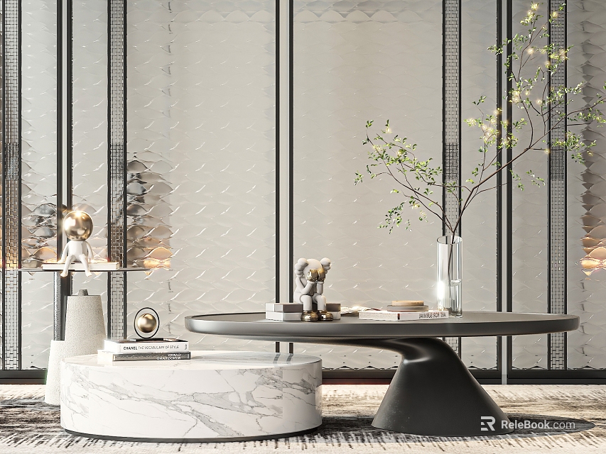 Elegant Modern Coffee Table with Marble Top Black Base and Decorative Vase in Living Room 3d model 