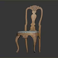 Classic Wooden Carved Chair With Blue Patterned Fabric Seat And Curved Legs