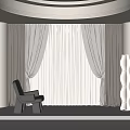 Taupe Draped Curtains With White Sheer In Modern Space Featuring Black Chair And Floor Lamp