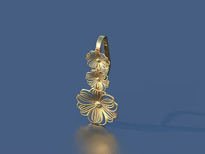 Elegant Golden Dangle Earrings Featuring Delicate Layered Three Flower Design with Intricate Petal Details 3d model