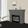 Elegant Patterned Marble Fireplace with Sculpture Candle Holders on Mantel and White Curtains Framed Artwork