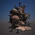 Vintage Mobile Fantasy Building with Intricate Mechanical Structure Multiple Towers and Pipes