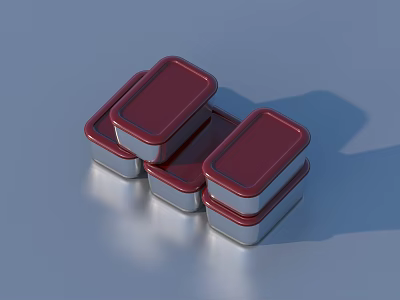 Three Household Metal Containers with Red Lids on Smooth Shiny Surface 3d model