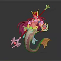 Pink Mermaid Character With Long Hair Crown Spear And Blue Orb