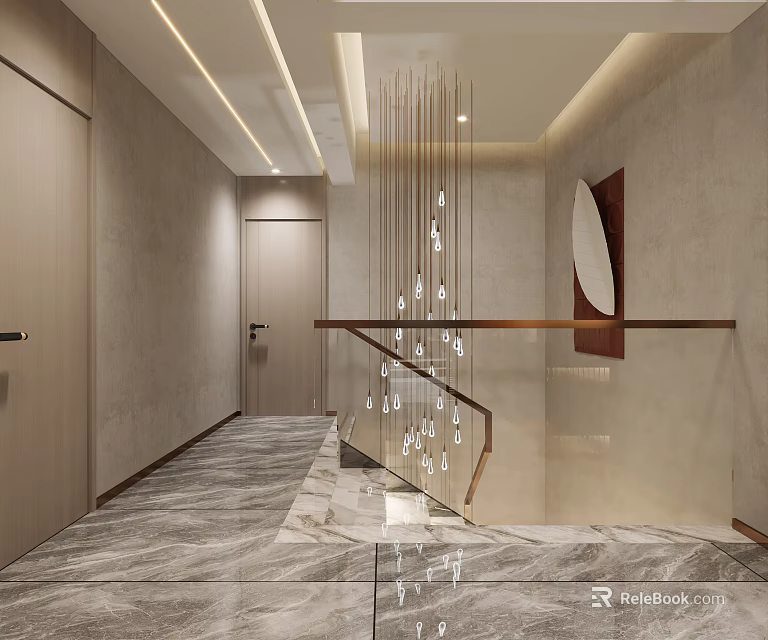 Modern Elegant Hallway With Glass Handrail Hanging Lights And Marble Floor 3d model 