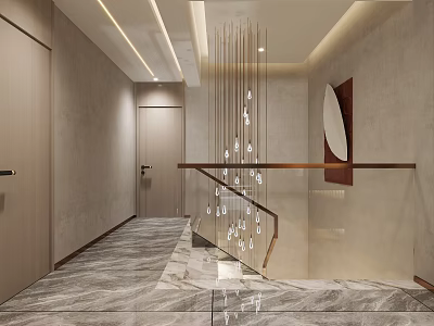 Modern Elegant Hallway With Glass Handrail Hanging Lights And Marble Floor 3d model