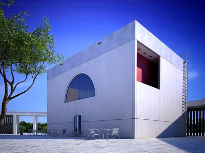Modern White Cubic Architectural Building With Arched Window Tree Plaza Seating And Blue Sky 3d model