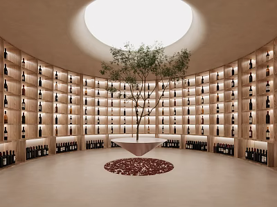 Circular Wine Cellar Interior With Rows Of Wine Bottles Central Tree And Skylight 3d model