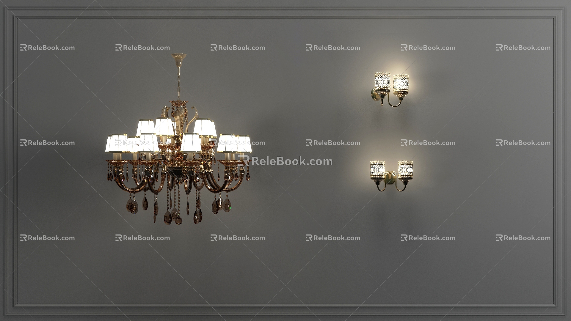 American European chandelier wall lamp combination 3D model 3d model