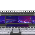 Modern Stage Scene With Blue Purple Lighting Large Screens And White Audience Seats