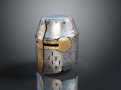 Medieval Weapon Helmet With Silver And Gold Metal Rivets And Grill Design 3d model