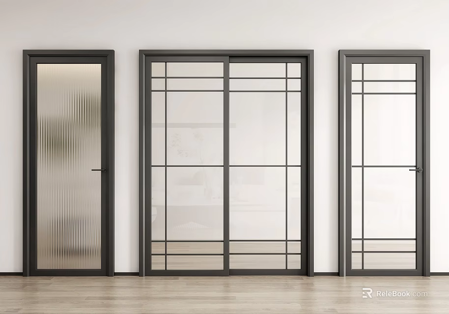 Modern Black Frame Sliding Doors With Ribbed Glass And Grid Pattern Design 3d model 