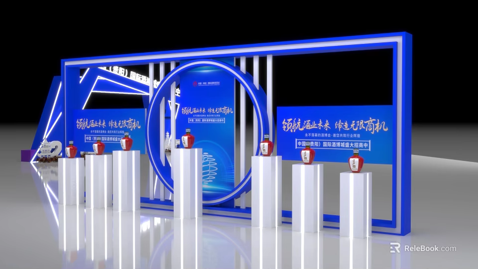 Futuristic Tech Photo Check in Spot With Blue Exhibition Booth And Trophies On Modern Display Design 3d model 