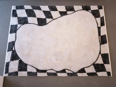 Stylish Square Rug With Black White Checkerboard Border And Beige Irregular Center 3d model
