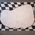 Stylish Square Rug With Black White Checkerboard Border And Beige Irregular Center