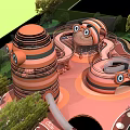 Outdoor Playground Equipment With Colorful Structures Slides And Climbing Parts Surrounded By Trees