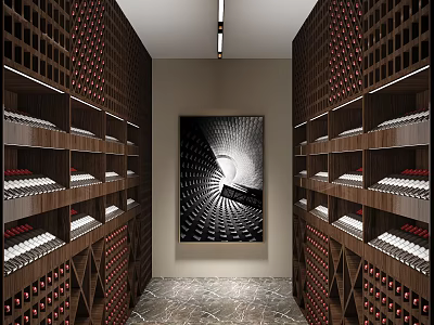 Elegant Wine Cellar Interior With Wooden Wine Racks Spiral Artwork Pendant Lighting And Marble Floor 3d model