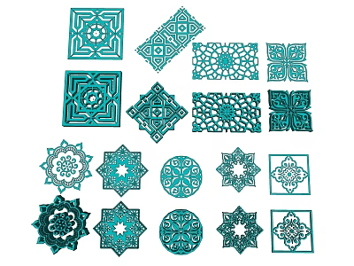 Teal Decorative Wall Hangings With Various Geometric Shapes And Intricate Patterns 3d model