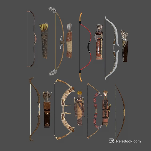 Various Traditional Ancient Weapons With Handcrafted Bows Arrow Quivers And Ornate Details 3d model 