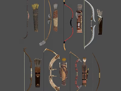 Various Traditional Ancient Weapons With Handcrafted Bows Arrow Quivers And Ornate Details 3d model