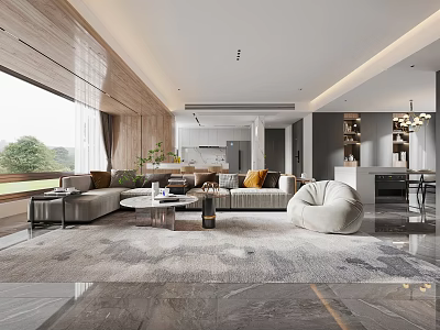 Modern Open Plan Living and Dining Room with Floor to Ceiling Windows and Area Rug 3d model