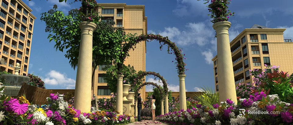 Garden Landscape Featuring Arched Pergolas Covered In Vines Decorative Columns And Colorful Flowers 3d model 