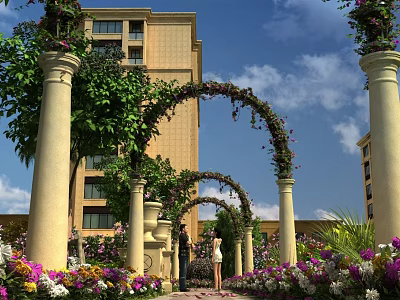 Garden Landscape Featuring Arched Pergolas Covered In Vines Decorative Columns And Colorful Flowers 3d model