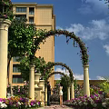 Garden Landscape Featuring Arched Pergolas Covered In Vines Decorative Columns And Colorful Flowers