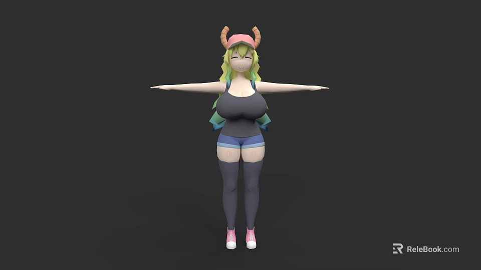 Woman With Blonde Hair Horns Black Top Blue Shorts Gray Socks Pink Shoes Outstretched Arms 3d model 