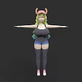 Woman With Blonde Hair Horns Black Top Blue Shorts Gray Socks Pink Shoes Outstretched Arms