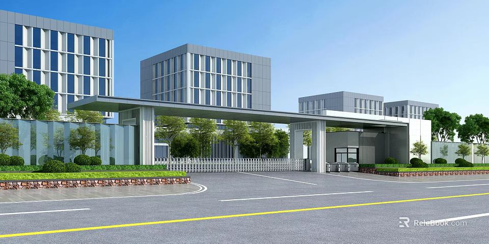 Modern Main Entrance Gate With Covered Structure And Green Plants Near High Rise Buildings 3d model 
