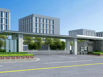 Modern Main Entrance Gate With Covered Structure And Green Plants Near High Rise Buildings 3d model