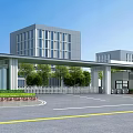 Modern Main Entrance Gate With Covered Structure And Green Plants Near High Rise Buildings