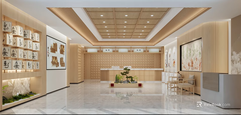 Traditional Chinese Medicine Hospital Outpatient Clinic With Wooden Decor And Herbal Cabinets 3d model 