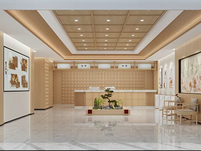 Traditional Chinese Medicine Hospital Outpatient Clinic With Wooden Decor And Herbal Cabinets 3d model