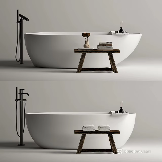 Elegant White Freestanding Bathtub With Wooden Bench Towels And Toiletries 3d model 
