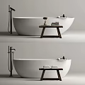Elegant White Freestanding Bathtub With Wooden Bench Towels And Toiletries