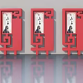 Red Traditional Chinese Style Swing Doors With Decorative Frames And Calligraphy Art