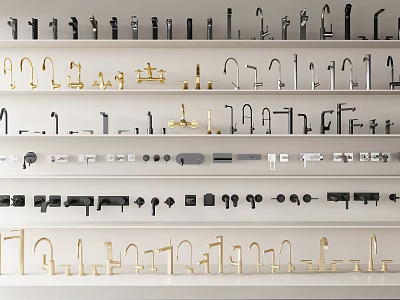 Various Styles Of Kitchen And Bathroom Faucets On Display Shelves 3d model