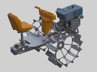 Agricultural Paddy Field Tilling Equipment With Yellow Seat Blue Engine And Metal Wheels 3d model