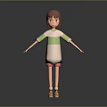 3D Character Girl With Brown Hair Green White Striped Shirt Pink Shorts And Yellow Shoes