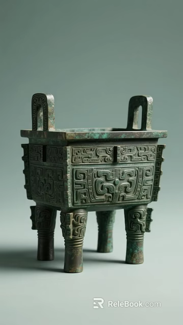 Ancient Chinese Bronze Ding With Intricate Patterns Two Handles And Four Legs 3d model 