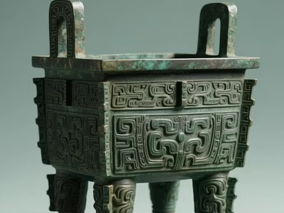 Ancient Chinese Bronze Ding With Intricate Patterns Two Handles And Four Legs 3d model