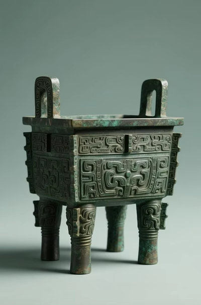 Ancient Chinese Bronze Ding With Intricate Patterns Two Handles And Four Legs 3d model