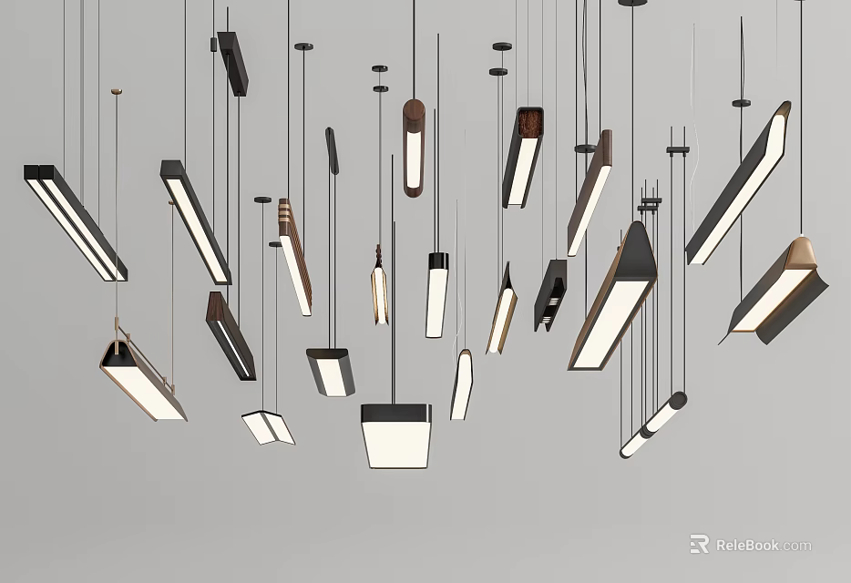 Modern Pendant Lights With Various Geometric Shapes Hanging In Interior Space 3d model