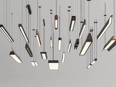 Modern Pendant Lights With Various Geometric Shapes Hanging In Interior Space 3d model