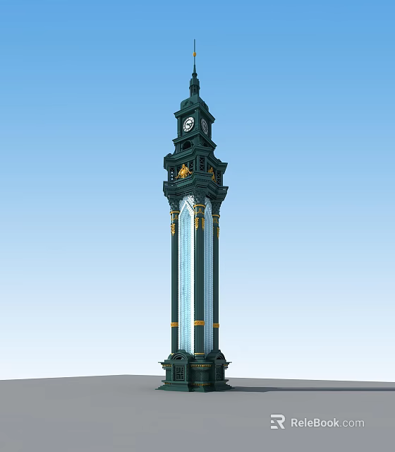 Ornate Green And Gold Clock Tower With Tall Vertical Structure Against Blue Sky 3d model 