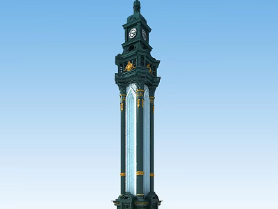 Ornate Green And Gold Clock Tower With Tall Vertical Structure Against Blue Sky 3d model